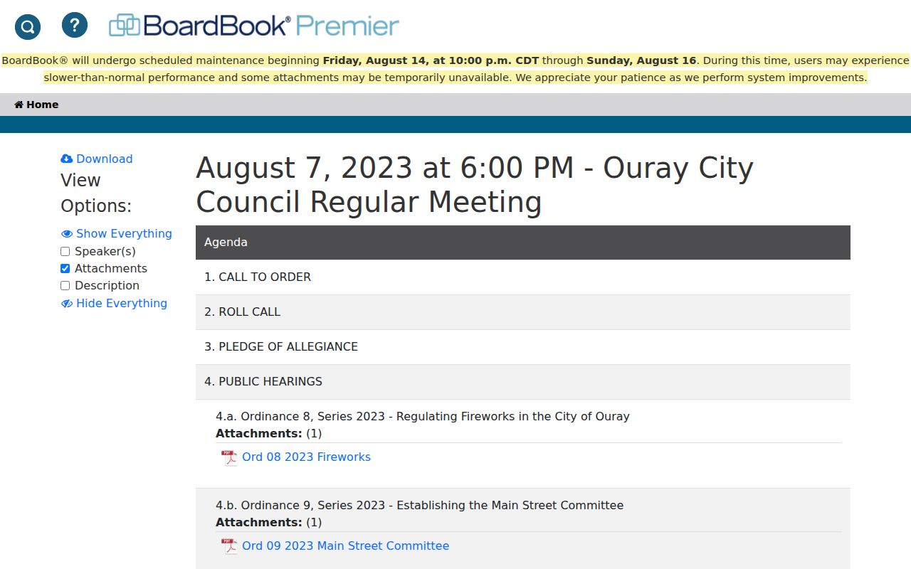 City of Ouray court records and municipal fine schedule agenda
