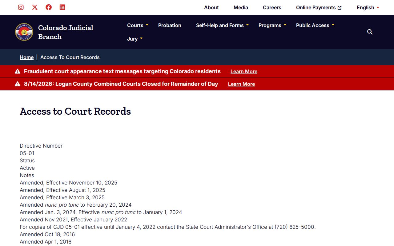 Chief Justice Directive access page for Ouray County court docket records