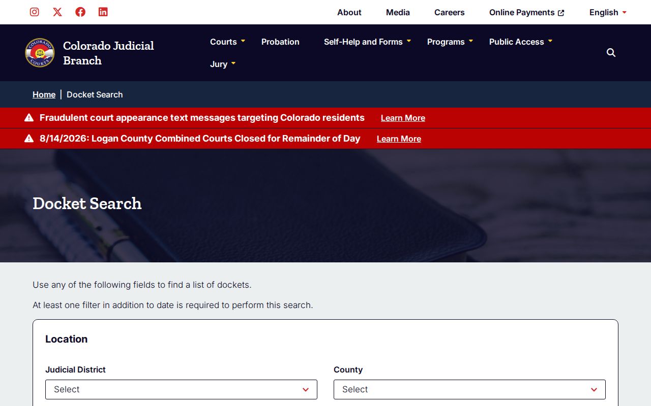 Colorado Judicial Branch docket search for Ouray County court docket settings
