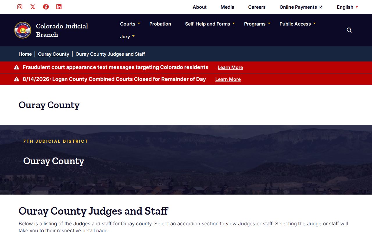 Current Ouray Combined Court clerk directory for court docket requests