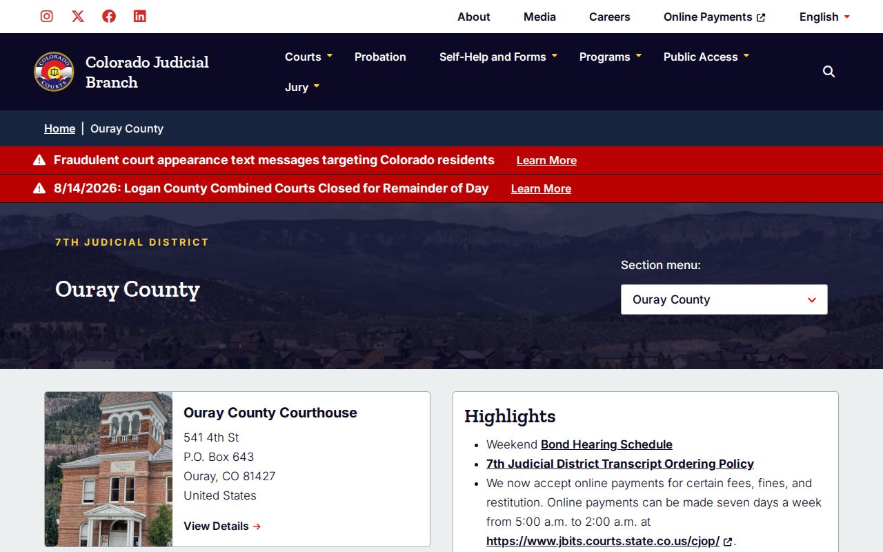 Official Ouray County court page with court docket access information