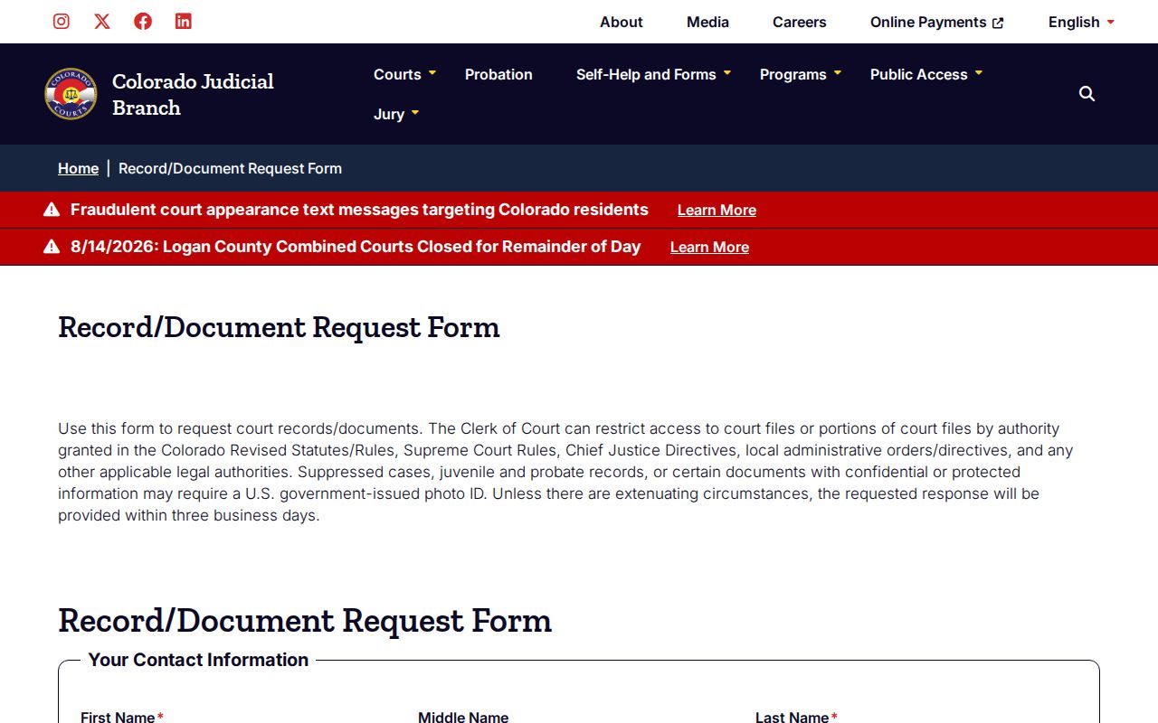 Colorado court record request form for Ouray County docket documents