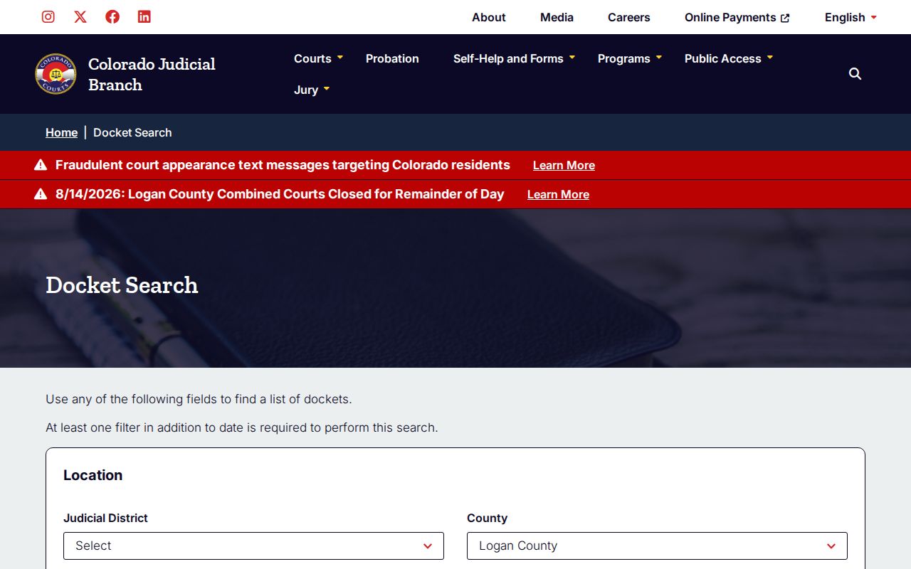 Ouray County court schedule docket filter