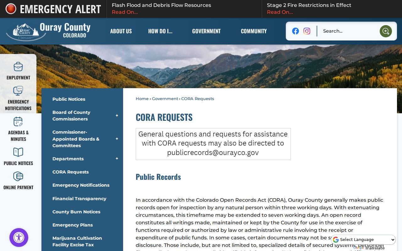 Ouray County court schedule and separate CORA request channel
