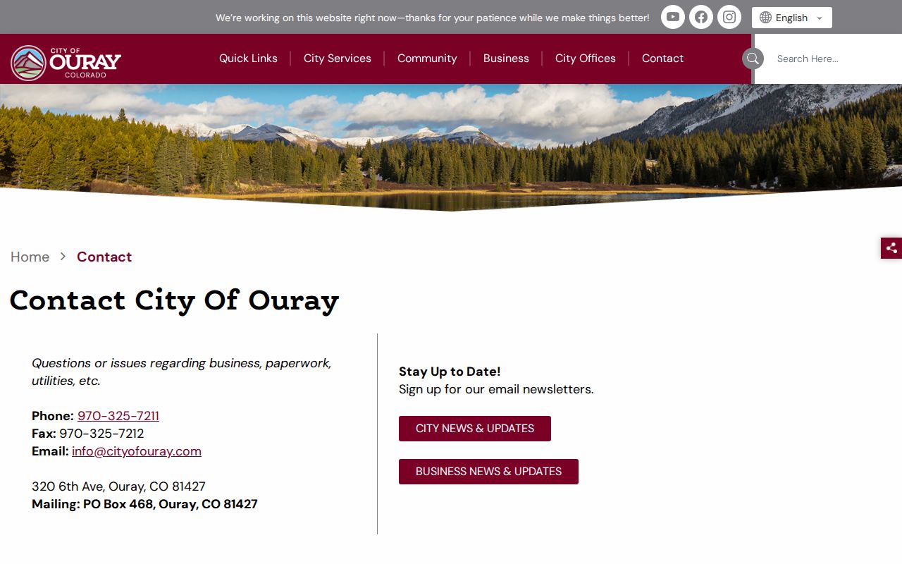 Official municipal contact page compared with Ridgway court record routing