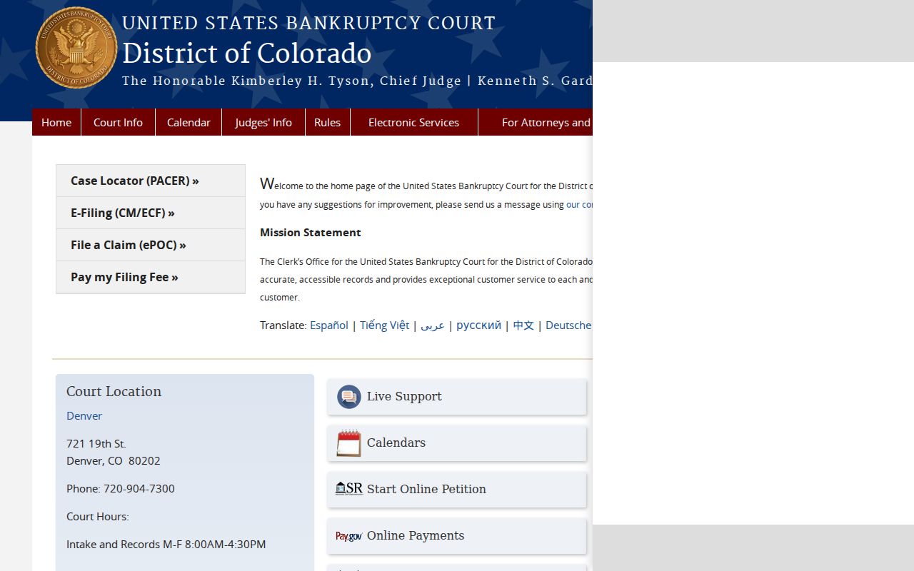 Colorado bankruptcy court page showing a separate federal route from Ridgway court records